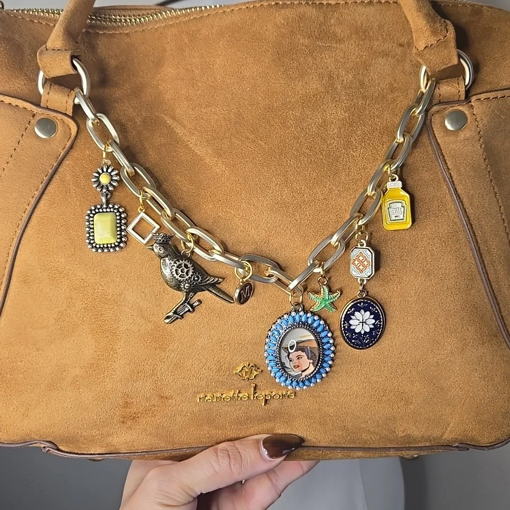 Nanette Lepore Tan Suede Purse Gold Accents Bag Charms Removable Strap Western - Picture 3 of 8